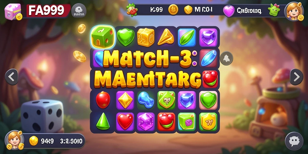 Screenshot gameplay menampilkan level Match-3 yang cerah dan penuh tantangan.