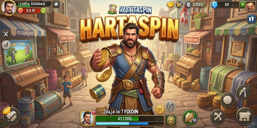 Screenshot HARTASPIN menunjukkan gameplay interaktif dalam membangun bisnis.