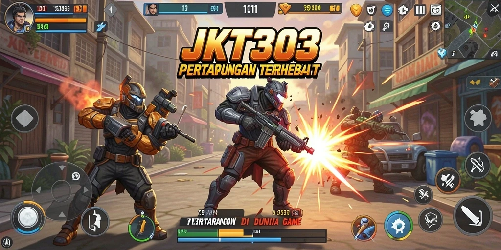 Gameplay seru JKT303 dengan karakter bertarung di arena.
