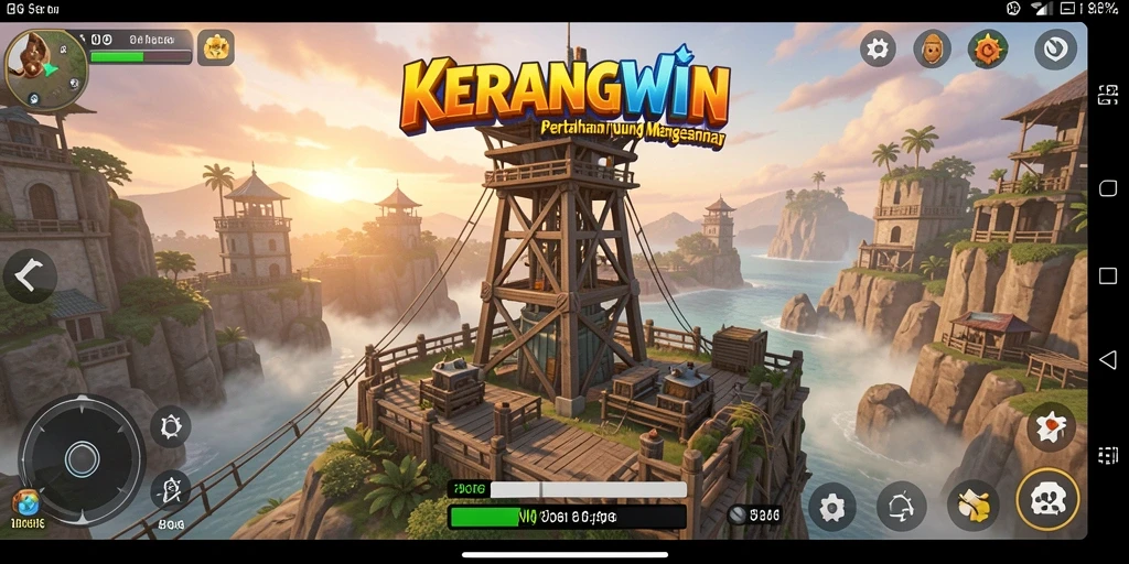 Tangkapan layar utama KERANGWIN menampilkan aksi menara pertahanan yang mendebarkan.
