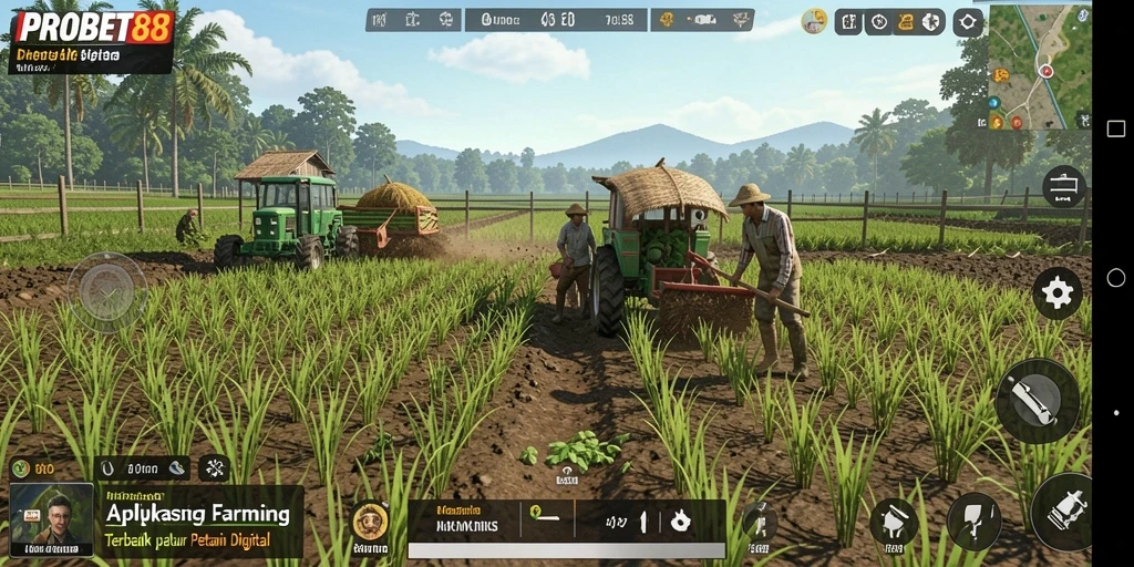 Screenshot gameplay PROBET88 yang menunjukkan ladang subur dengan tanaman hijau.