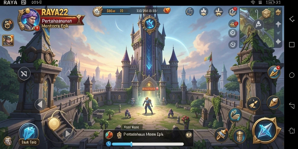 Screenshot gameplay RAYA22 menunjukkan menara pertahanan yang siap di posisi strategis.