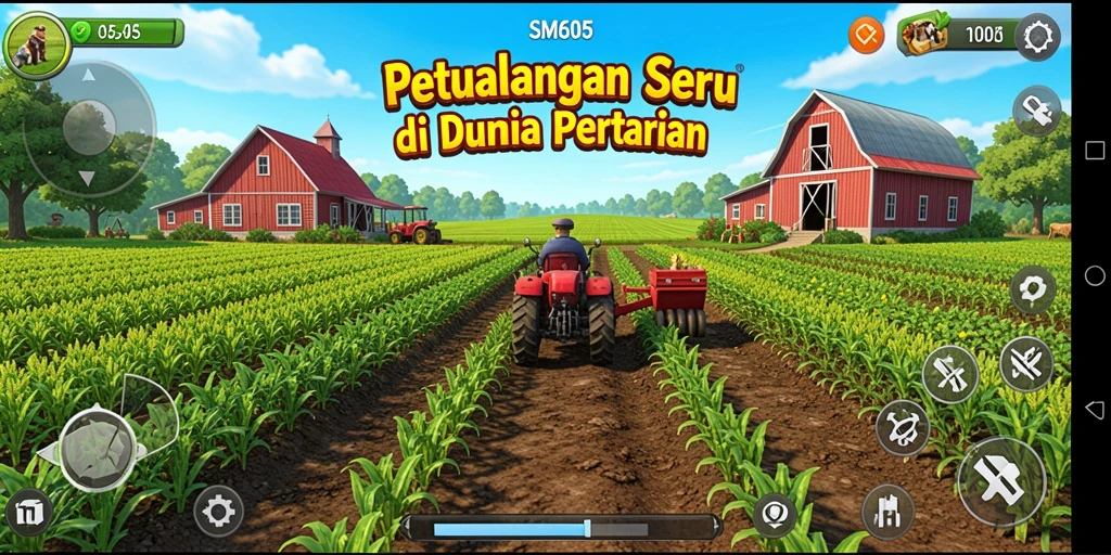 Screenshot gameplay SM605 yang menunjukkan aktivitas pertanian yang seru dan menarik.
